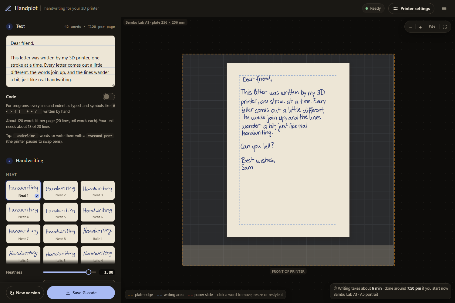 The Handplot app: text box, handwriting styles and sliders on the left, the build-plate preview with the written page on the right